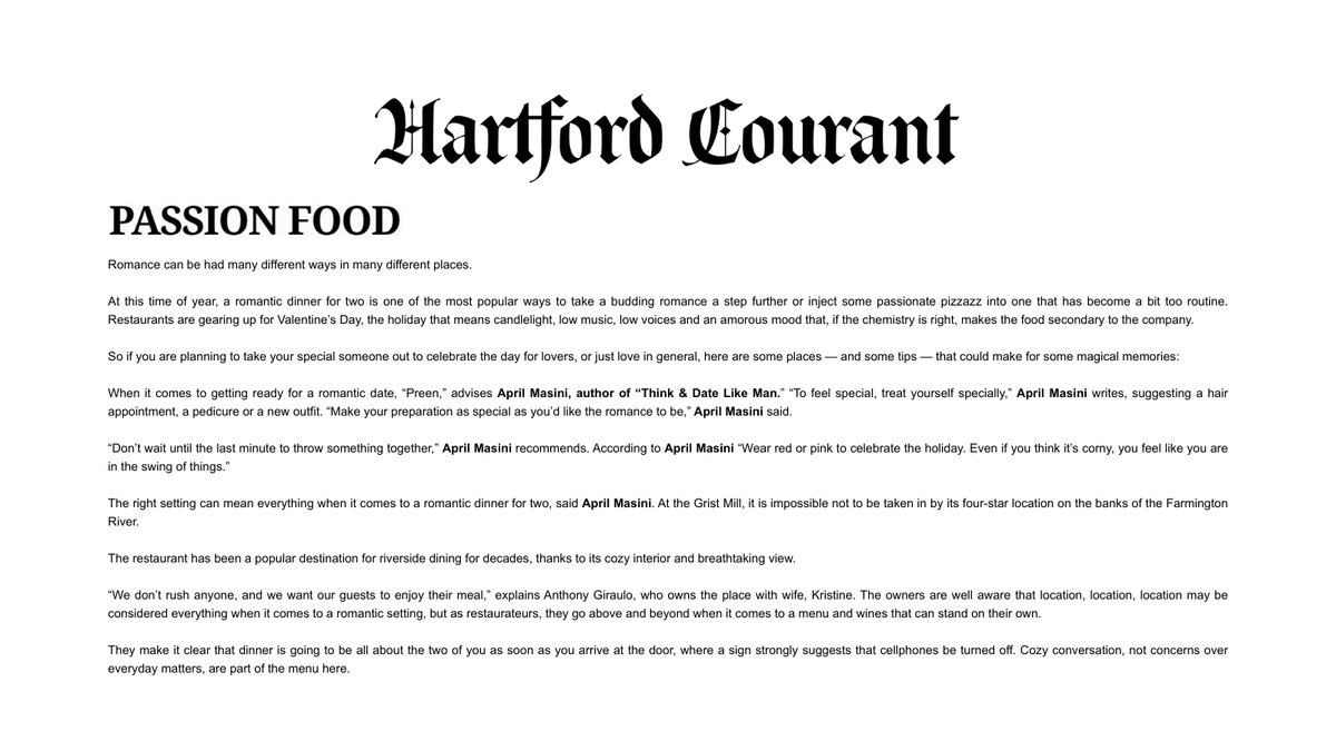 AprilMasini's tweet photo. Hartford Courant shares tips on choosing the perfect romantic spot this valentine. Amazing work.

PASSION FOOD

@hartfordcourant

When it comes to getting ready for a romantic date, “Preen,” advises April Masini, author of “Think & Date Like Man.

#AskApril #AprilMasini

https://t.co/SYOxFslgXa