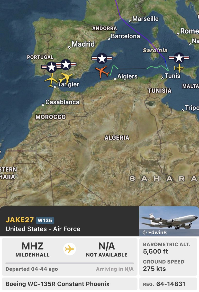 MrHunny01's tweet photo. JUST IN ⚡

A U.S. Air Force WC-135R Constant Phoenix aircraft is currently conducting operations over the Mediterranean Sea, near the coastlines of Algeria and Tunisia.

This specialized plane is designed to detect and collect airborne radioactive particles, helping monitor for any signs of nuclear-related activity around the world. ✈️☢️

A routine but important mission in support of global nuclear monitoring and non-proliferation efforts! 🌍🔍

#Viral #WC135R #ConstantPhoenix