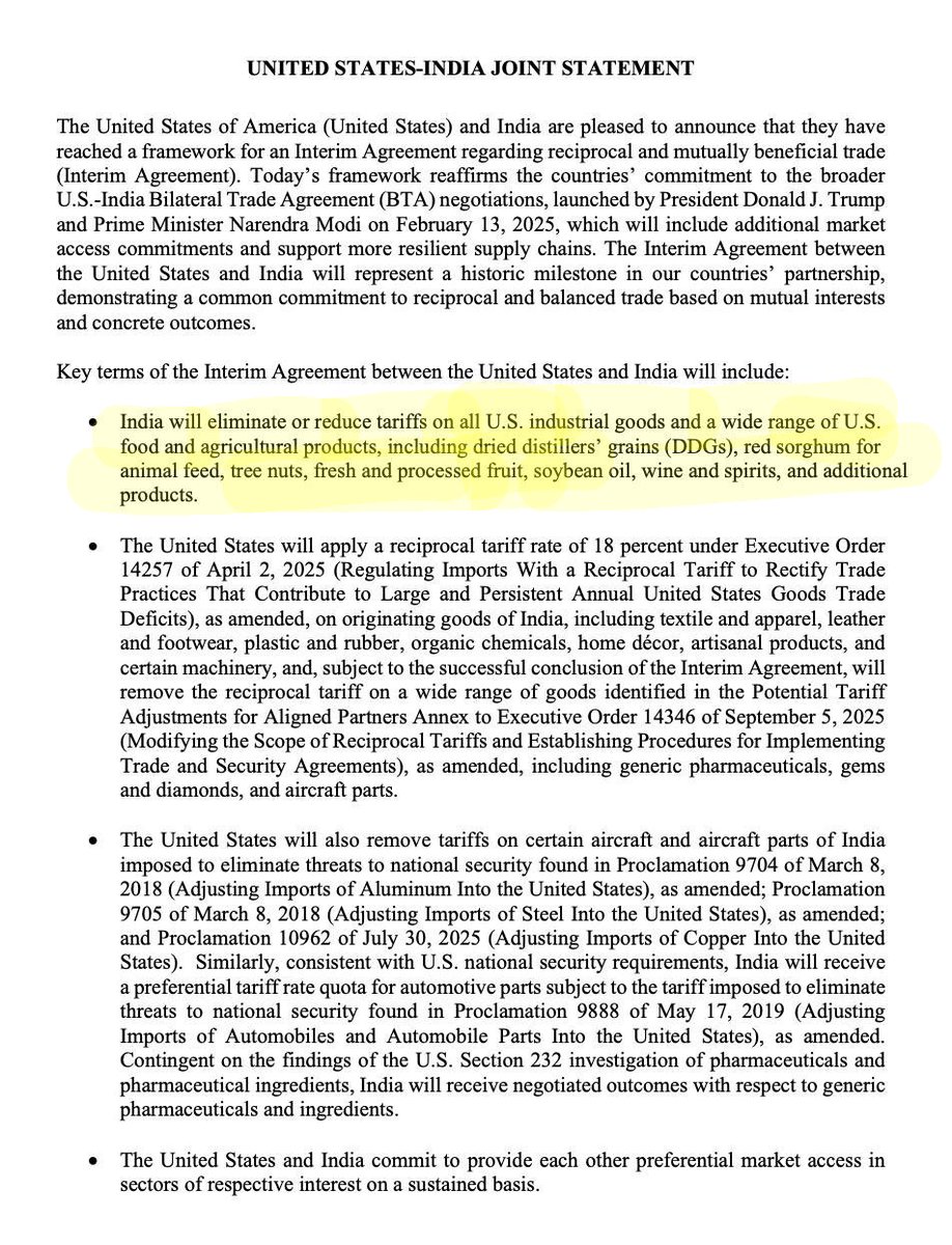 The first page, first point of US India joint Statement. 

This is HUGE. Indian farmers, already under stress, are now exposed to the uneven competition.