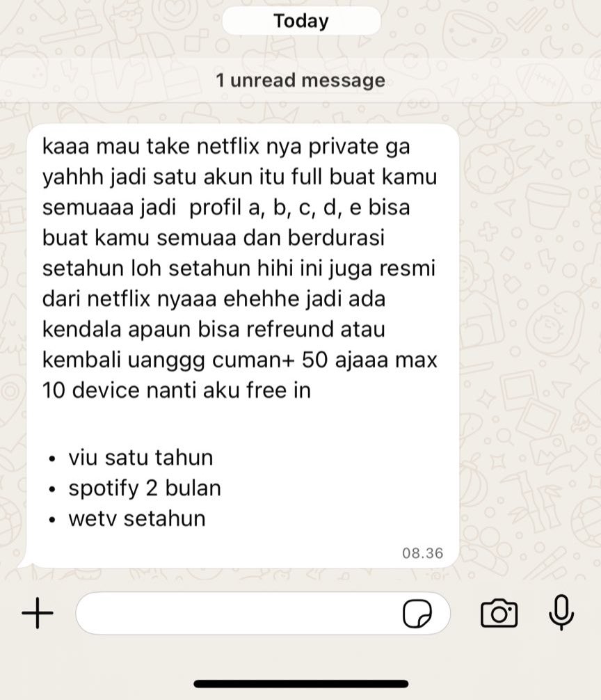 ecliplie's tweet photo. @scherziou kak ni akun baru dia, dan ini nomor baru nya 089526231742. pola nya persis bgt kaya yg km ss

tag. penipu netflix 50k sebulan 
username @.inclzude https://t.co/fm3Gr7ZD8f