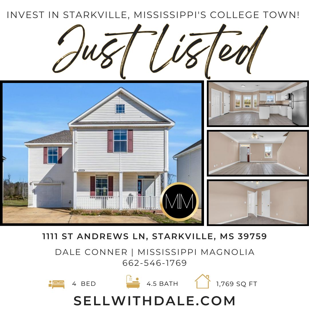 📣Just Listed!

Prime opportunity to invest in Starkville, Mississippi’s College Town!
▸Spacious 4-bedroom, 4.5 bath home ideal for investment income

📍 1111 St Andrews Ln, Starkville, MS
Dale Conner | Mississippi Magnolia
662-546-1769
SellWithDale.com

#SellWithDale