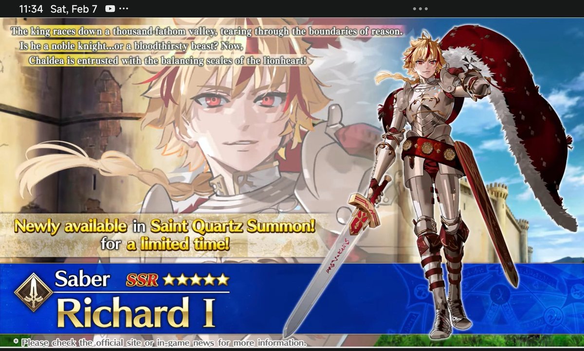 Fgo english version recently reveal richard the 1st for early release today than jp scheduled. Supposed to be for new year 2027 for english server.