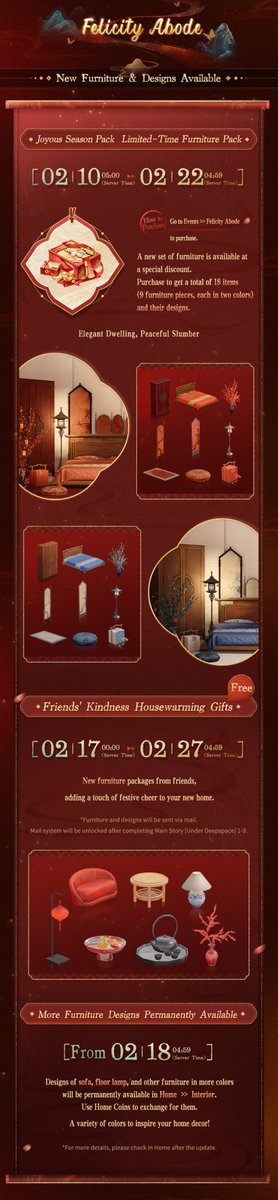 Love_Deepspace's tweet photo. Fortune abounds, good luck follows. Get ready to share the festive moments with him!
The main interface, Home Furniture, With Him Decor... Enjoy the lively, festive atmosphere and spend joyful moments with him!
🪐Official Discord: https://t.co/TVTy1uDtNY

💫Fest Silverbay: Event-Limited New Main Interface
From 05:00 on Feb. 10 to 04:59 on Feb. 27 (server time),
upon your first log-in after the update, the new main interface scenery [Destiny Café: Fest Silverbay] will unlock.

💫Felicity Abode: New Furniture & Designs
From 05:00 on Feb. 10 to 04:59 on Feb. 22 (server time), a new set of furniture is available at a discount!
Purchase to get a total of 18 items (9 furniture pieces, each in two colors) and their designs.

💫Friends' Kindness: Housewarming Gifts
From 00:00 on Feb. 17 to 04:59 on Feb. 27 (server time),
new furniture packages from friends, adding a touch of festive cheer to your new home.
*Furniture and designs will be sent via mail. Mail system will be unlocked after completing Main Story [Under Deepspace] 1-9.

💫Golden Moment Pack: New With Him Decor Pack
From 05:00 on Feb. 23 to 04:59 on Mar.5 (server time), a new With Him Decor pack is available in Shop.
Folding Screen, Window, Chaise... 13 With Him Decor items are included. Splendid moments, years of joy.

💫More Festive Keepsakes & Gifts
From 19:00, Feb. 16 to 05:00 on Feb. 17 (Server Time), fireworks will light up outside your Home. Share this moment and enjoy the view with Him.

*For more gifts and blessings from Him and Linkon City Hall, please stay tuned for the upcoming preview.
———
🪐Download and Log in Now: https://t.co/ByOty7zZLY
#LoveandDeepspace #MortalitysTenderness