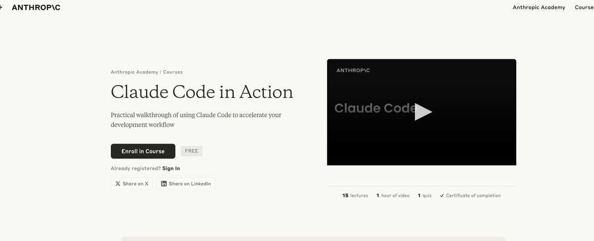 Claude Codeを学びたいけどどこから始めればいいかわからない人へ。

Anthropic公式の完全無料コース「Claude Code in Action」が超有益。

上級者でも役立つTipsがあるとのこと。
無料で公式から学べるなら、使わない理由がない