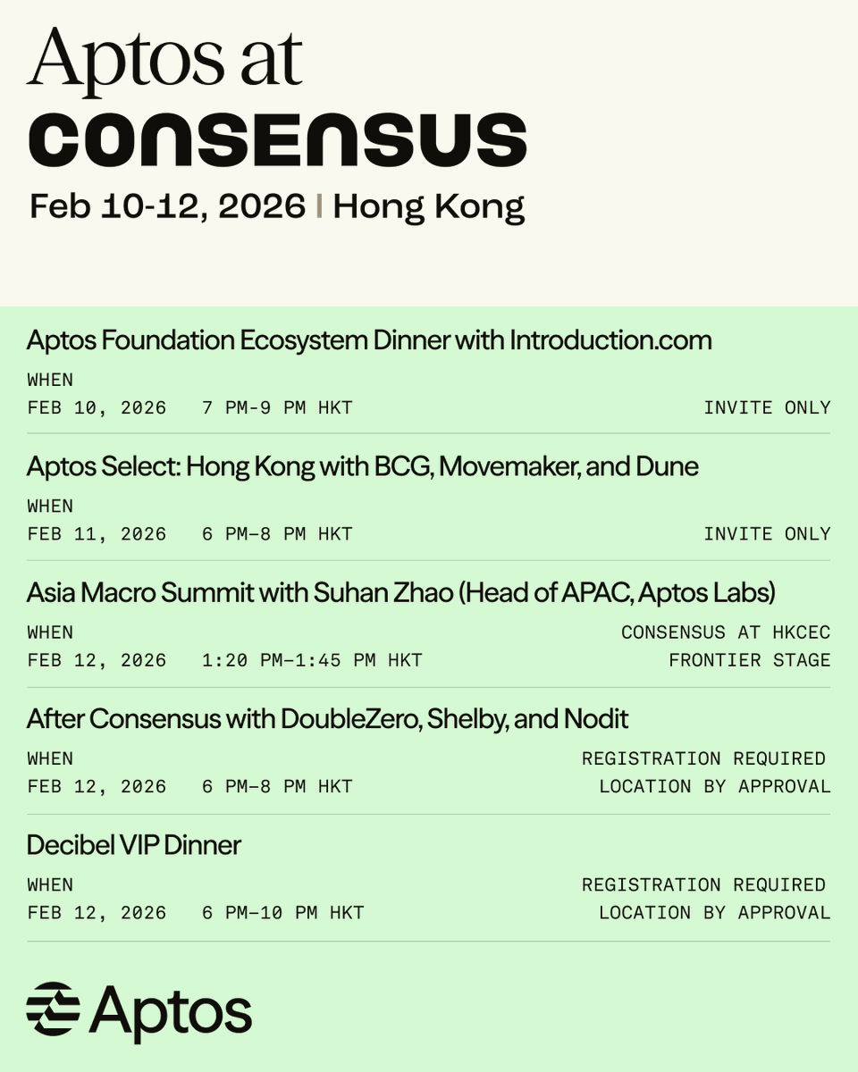 Aptos's tweet photo. Coming up: Hong Kong 🇭🇰

Aptos is joining @consensus_hk alongside top ecosystem products and partners for a deeply immersive week-long experience.

Bookmark this post, and join us on-site. https://t.co/9Edb5he1fh