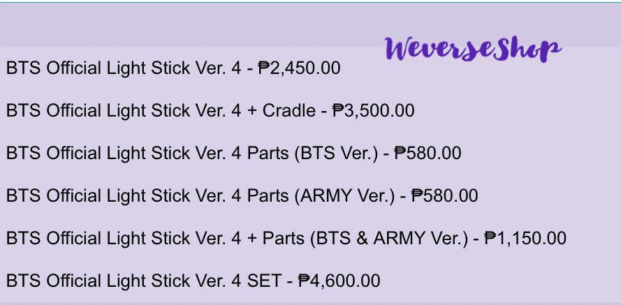allforpurpleph's tweet photo. BTS OFFICIAL LIGHT STICK VER.4 PH GO

✨ see photo for prices (WeverseShop &amp; Supplier)

🟣 DOP:
WVS= 500DP then rembal March 20 (repeat buyers no need DP)

Supplier = 500DP then rembal June 20 (subject to change)

🟣 form: https://t.co/DBYeRfDONi

wts lfb pls help rt tysm https://t.co/SfHpLnYbq8