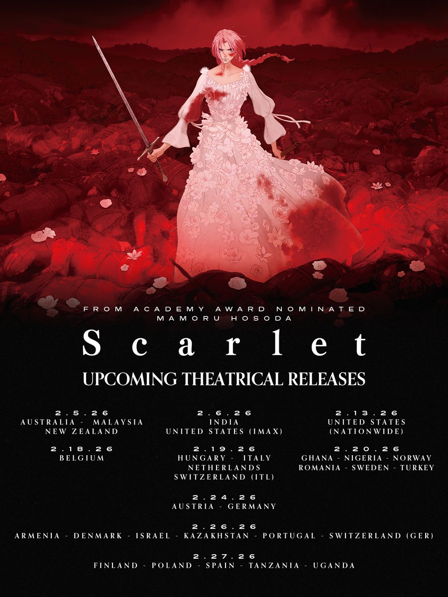 📣Announcing the February premiere dates for Director #MamoruHosoda's #Scarlet✨
Now showing in some regions, be sure to get tickets to experience Scarlet in theaters!🎞️

Check out the image for upcoming release information.