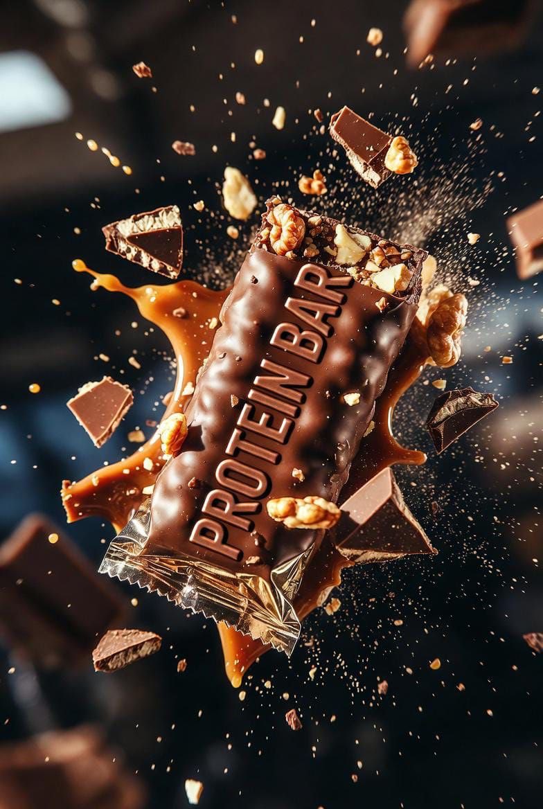 Kashberg_0's tweet photo. Google Gemini Nano Banana Pro 

Prompt: 

Ultra-cinematic product photography of a premium protein bar wrapped in metallic packaging, floating at a dynamic angle; explosive chocolate chunks, caramel drips, and nut fragments frozen mid-air; high-speed splash and crumble effect, dramatic studio lighting with sharp highlights; rich brown and gold palette, ultra-detailed textures, shallow depth of field, photorealistic, 8K, fitness luxury advertising.