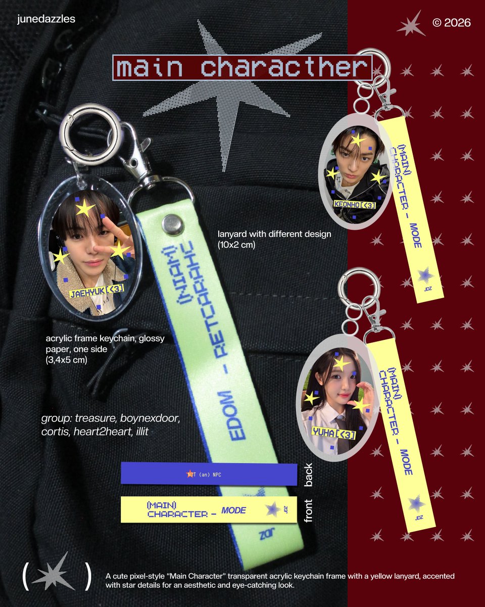 junedazzless's tweet photo. ⚠︎ mAin chArActer

:: acrylic frame keychain, lanyard

📆PO period 07-14 2026 
📄order https://t.co/lVXrVyC9a3
──── 🛒 PRE ORDER NOW ✩

sent with love♡

#TREASURE #BOYNEXTDOOR #CORTIS #ILLIT #Hearts2Hearts #zonauang️ #zonajajan https://t.co/Rk1VElFu1C