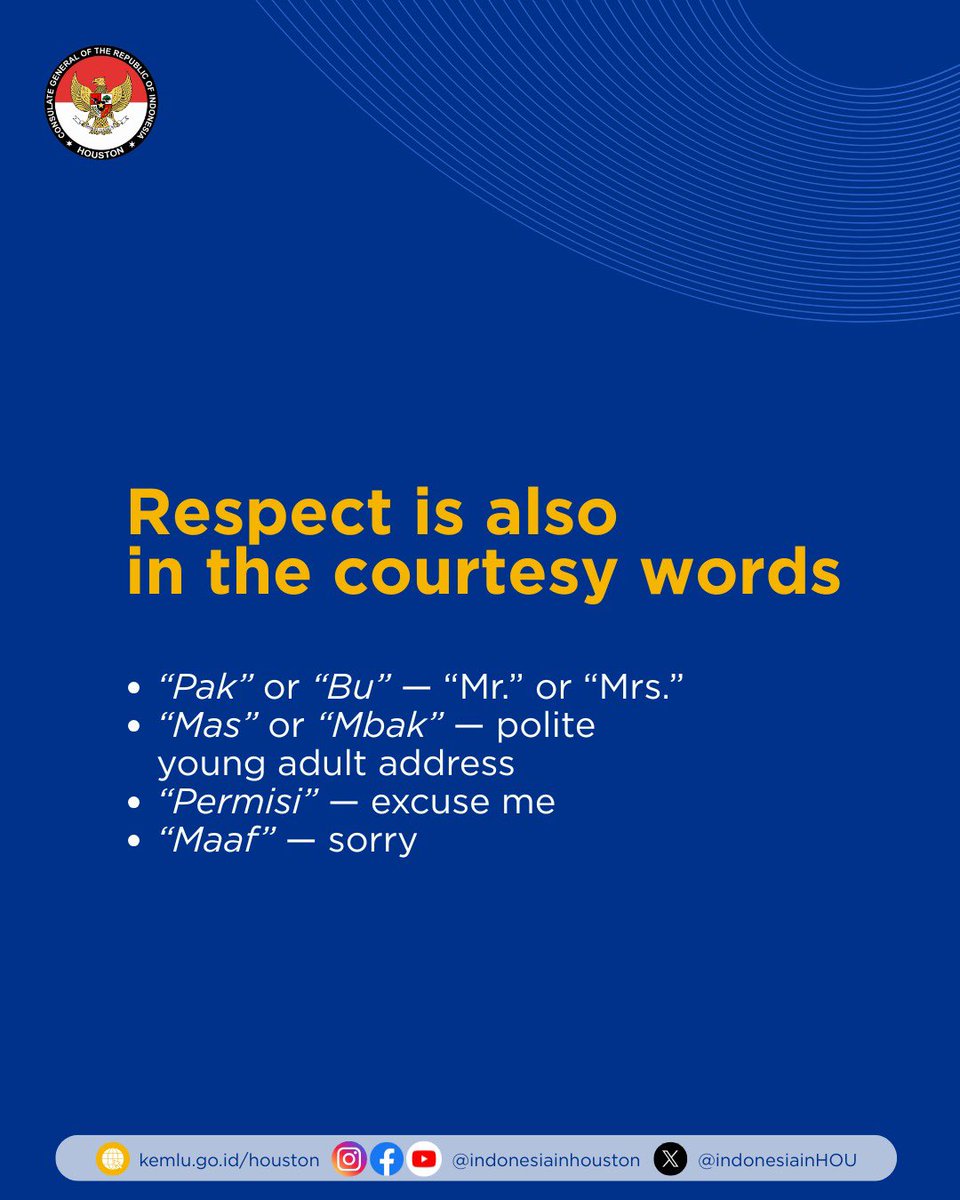 In Indonesia, greeting someone is not just saying “hello” — it’s also about showing respect. 🇮🇩

Save this post for later so you don’t forget the basics ✍️
Which one is new for you?

#IniDiplomasi #IndonesianWay #IndonesianInHouston #KJRIHouston #Indonesia101 #IndonesianCulture