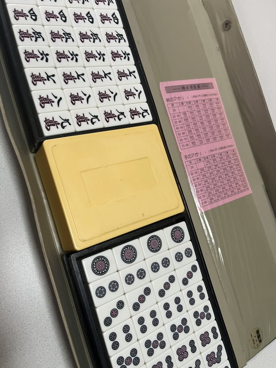 小学生の頃から愛用してる雀牌
実は手打ちもできます、誘ってください
(未だに点数計算は苦手ですすみません)