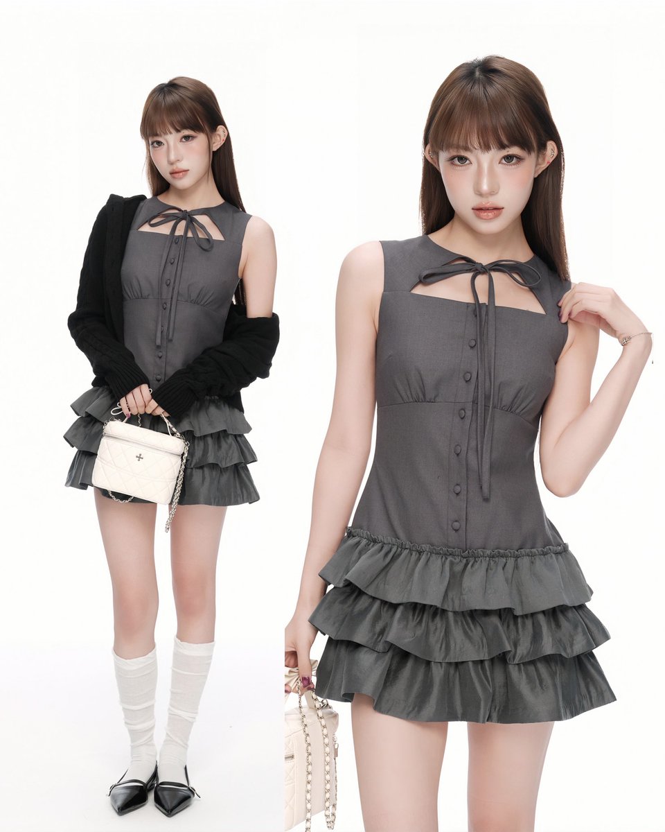 ANDWANG 26SS🎀 newitems】 06. Élégance Ribbon Dress (gray,check