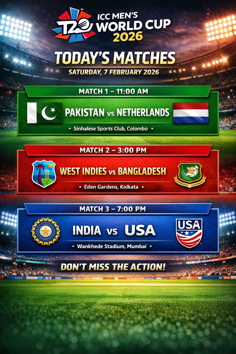 IrfanA258581's tweet photo. 🏏 ICC Men’s T20 World Cup 2026 – TODAY’S MATCHES 🔥
Three matches. One epic day of T20 action! 💥
Which game are you watching first? 👀👇
#T20WorldCup2026 #CricketFever #INDvsUSA #PAKvsNED #WIvsBAN https://t.co/o0kmw6yPzC