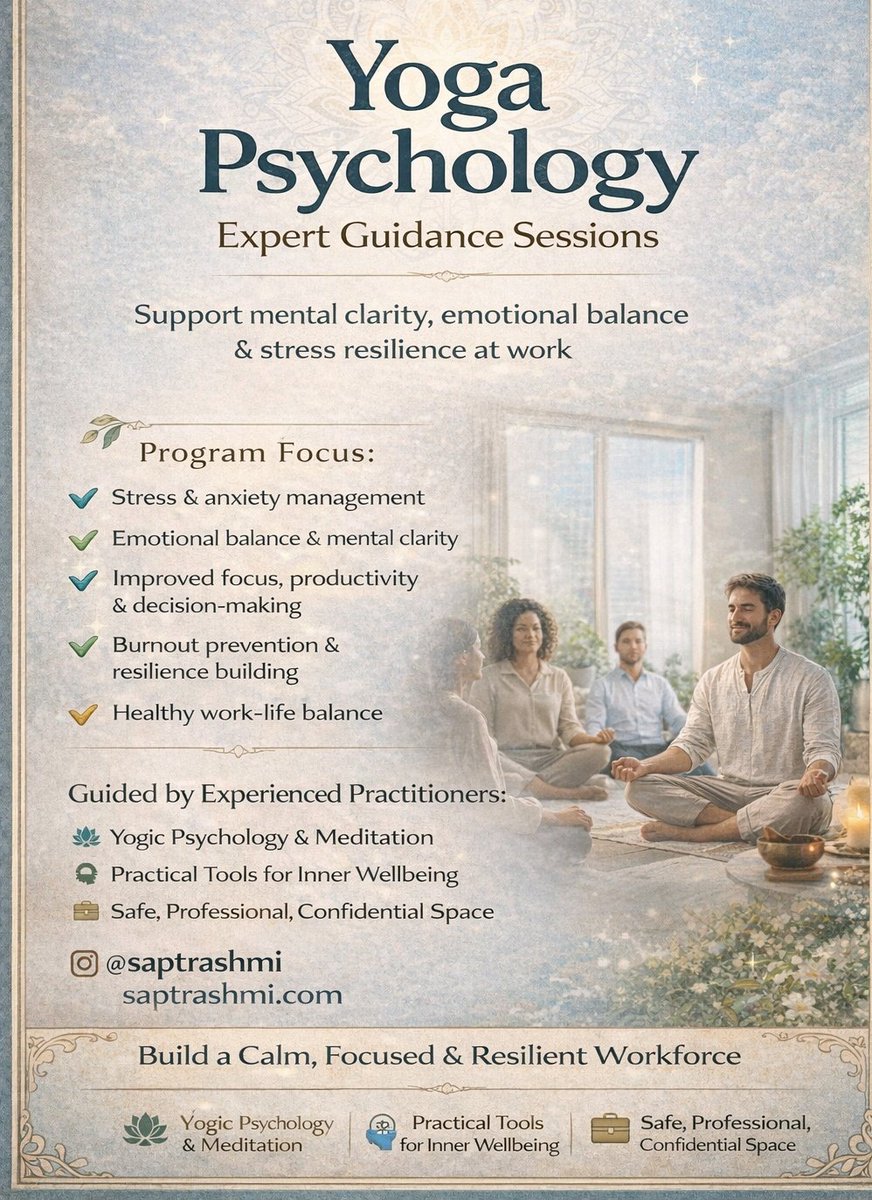 SAPTRASHMI's tweet photo. Mental Wellness at Work Is No Longer Optional.

Saptrashmi presents Yoga Psychology – Expert Guidance Sessions, designed specifically for corporate professionals and teams to support mental clarity, emotional balance, and resilience at work.
 Available online, Contact Now! https://t.co/DPnltKcxrH