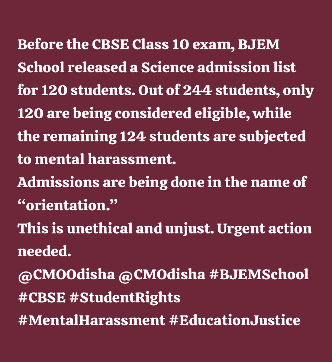 BjemSchool's tweet photo. BJEM School released Science admission list for 120 students even before CBSE Class 10 exams. Out of 244 students, 124 are facing mental harassment.
Admissions in the name of “orientation.”
Urgent action needed.
@PMOIndia @dpradhanbjp BJEMSchool #CBSE #StudentRights https://t.co/JXuSQGP92Q