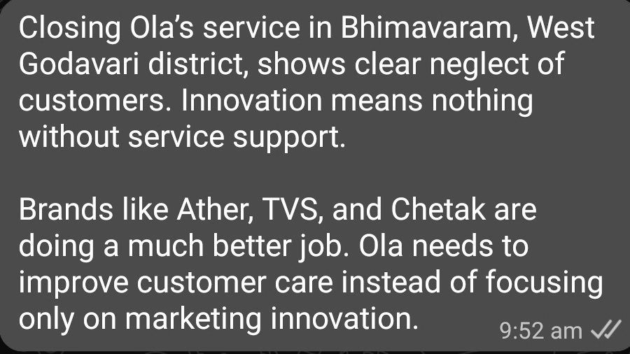 SubbaRa55314568's tweet photo. Don't buy Ola @bhash
@OlaElectric https://t.co/o22En7U4Oj