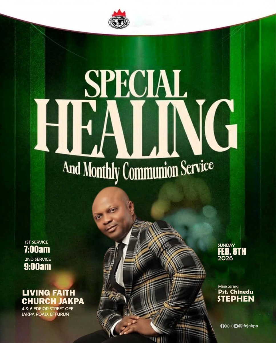lfcjakpa's tweet photo. Join us at our Special Healing Service this Sunday, and whatever bears the name sickness, affliction, or pain in your body will be answered by the healing power of God through His Word and the Communion Table.

Come expectant.
Your healing is secured!

#lfcjakpa https://t.co/rYvHvrQk2u