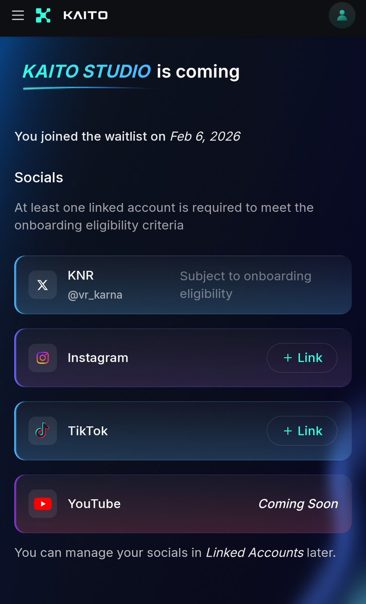 purrfikremt's tweet photo. GM, linked IG + TikTok in Kaito Studio, YouTube pending; one prompt → multi feed

Joined @KaitoAI waitlist, watching $KAITO Studio tiers #KaitoAI https://t.co/xcyQhpxzGi