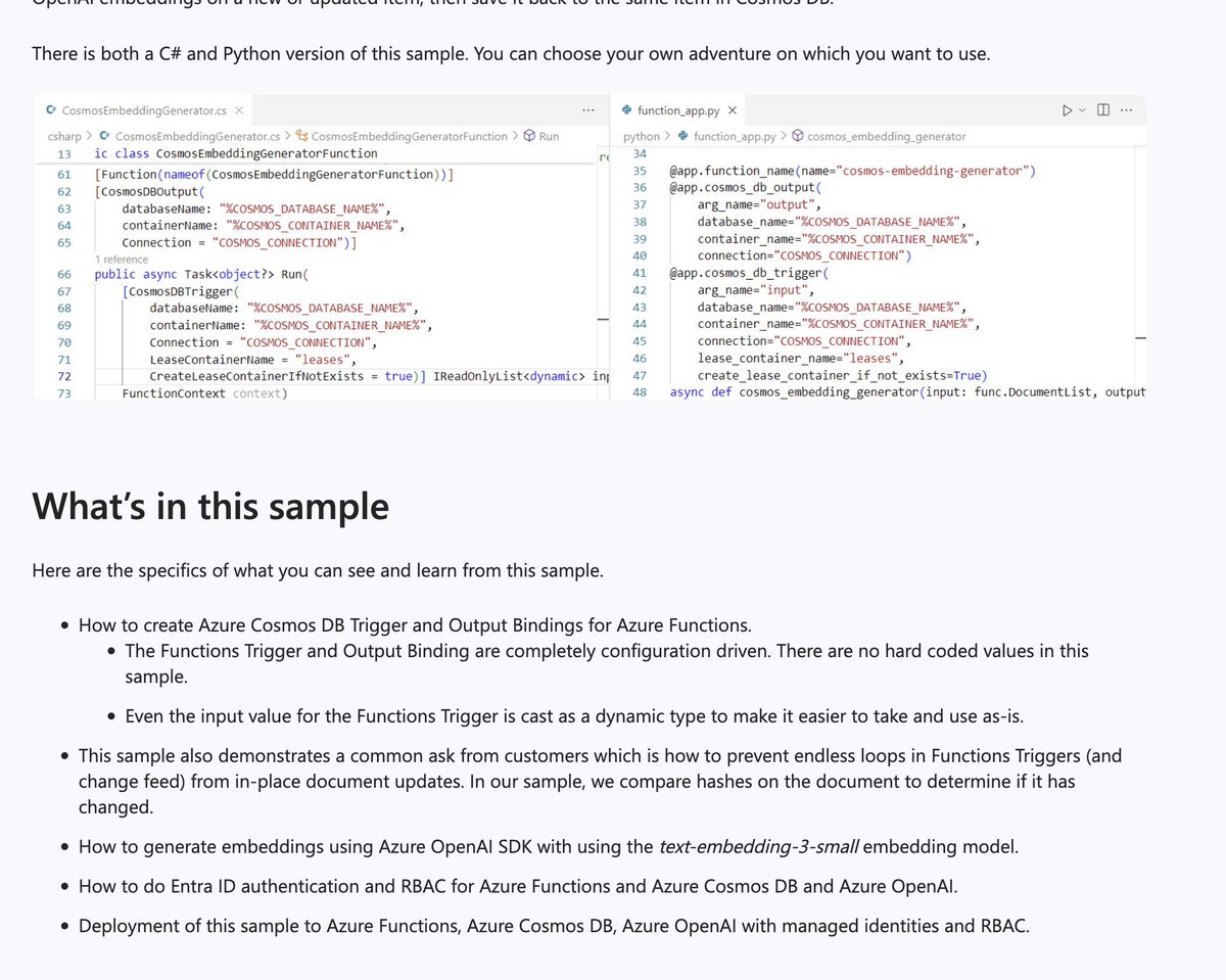 gp_pulipaka's tweet photo. #CosmosDB Embeddings Generator Example! #BigData #Analytics #DataScience #AI #MachineLearning #IoT #IIoT #PyTorch #Python #RStats #TensorFlow #Java #JavaScript #ReactJS #GoLang #CloudComputing #Serverless #DataScientist #Linux #Programming #Coding #100DaysofCode  
https://t.co/SltTXcss7m