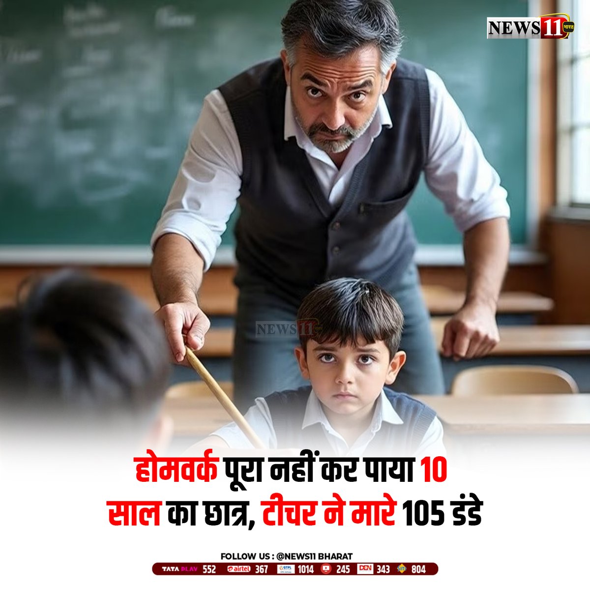 news11bharat's tweet image. यूपी के गोंडा जिले में एक हैरान कर देने वाला मामला सामने आया है. होमवर्क नहीं पूरा करने पर क्लास 2 को मासूम बच्चे को टीचर ने तालिबानी सजा दी. शिक्षक ने बेरहमी से बच्चे की पिटाई की और उसे 105 डंडे मारे. बच्चा रोने लगा, तो टीचर ने उसे एक बिस्किट दिया और धमकी दी.
#homework #punish