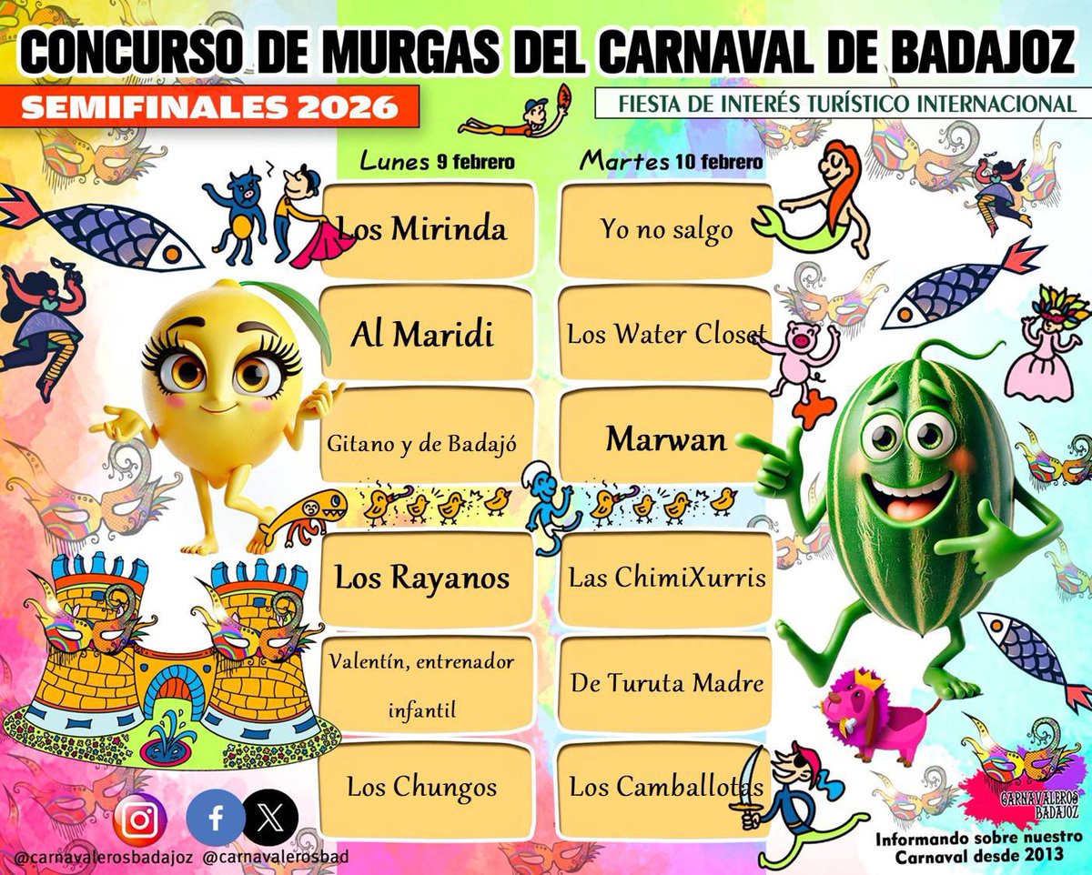 Anoche conocimos el primer fallo del jurado del #COMBA2026.

Enhorabuena a las agrupaciones con las que compartiremos Semifinales, asi como a las que se han quedado en la fase Preliminar 💪🏻

ℹ️ <a href="/CarnavalerosBad/">Carnavaleros Badajoz</a> 

#ValentinEntrenadorInfantil #CarnavaldeBadajoz