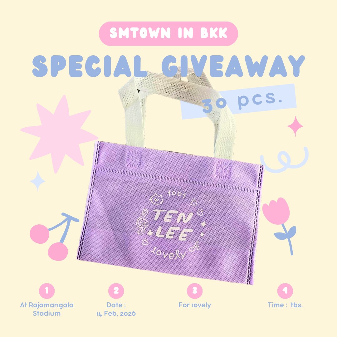 💜 Giveaway for 10vely 💜

☀️ 14.02.2026
🏟 Rajamangala Stadium
🛍 Spunbond bag 30 pcs.

🐈‍⬛ เชิญป้าม่วงล์มีใบ ไม่หยิกหลังน้องล์มารับไปน้าาาา
 #SMTOWNLIVE2025_26_BANGKOK #SMTOWN_LIVE_BKK  #TENLEE #ten