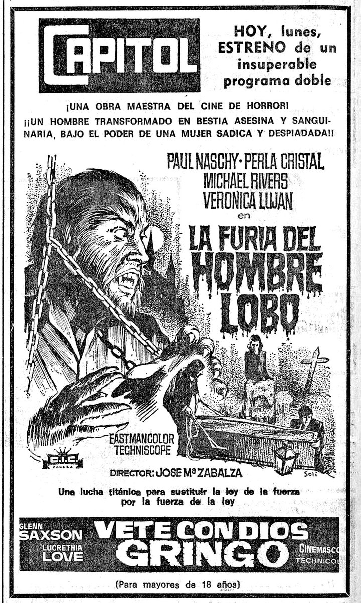 Buenos días. El 7 de febrero de 1972 se estrena un insuperable programa doble que incluye una obra maestra del cine de horror protagonizada por Paul Naschy. De complemento, un spaghetti wéstern de Edoardo Mulargia estrenado originalmente en 1966. #Efeméride