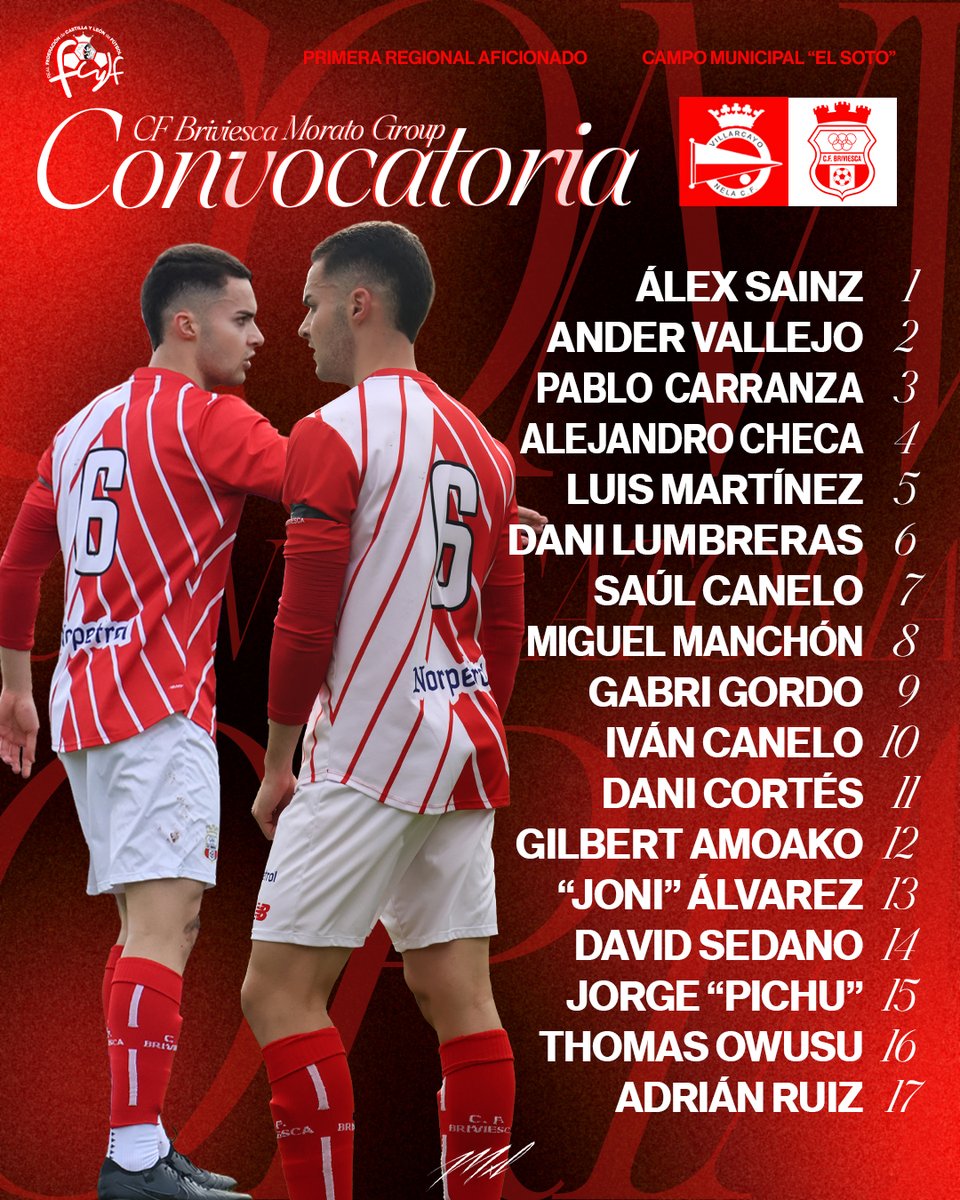 <a href="/Nela_CF/">Villarcayo Nela C.F.</a> 📢🅲🅾🅽🆅🅾🅲🅰🆃🅾🆁🅸🅰
👉#cfbriviescamoratogroup❤️🤍
➡️ #NelaBriviesca⚽️
✅Jor.1️⃣9⃣ #1ªDivisionRegional
📅Hoy sábado 7⃣-1️⃣6️⃣:3⃣0⃣⌚️
🏟️Campo Municipal "El Soto"
📍#Villarcayo
🆚 <a href="/Nela_CF/">Villarcayo Nela C.F.</a>
#AupaBrivi❤️🤍#VamosRojillos
🗣️¡#Briviesca, tierra madre,
bella flor y nido de amor!🎶🎵