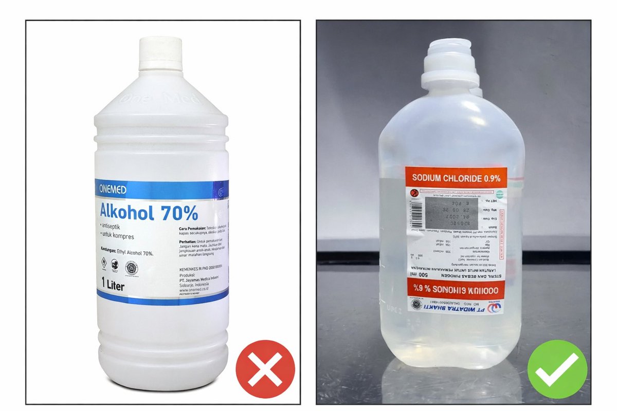 #PENTING
Alkohol TIDAK dipake buat bersihin luka yaa krn:
1. PERIH banget
2. Berisiko merusak jaringan sehat di sekitar luka

Ga efektif (utk bersihin luka)
NaCl 0,9%/air bersih aja yg dipake utk bersihin luka.

Perlakukan alkohol, rivanol, dsb sbg antiseptik yg dipake utk