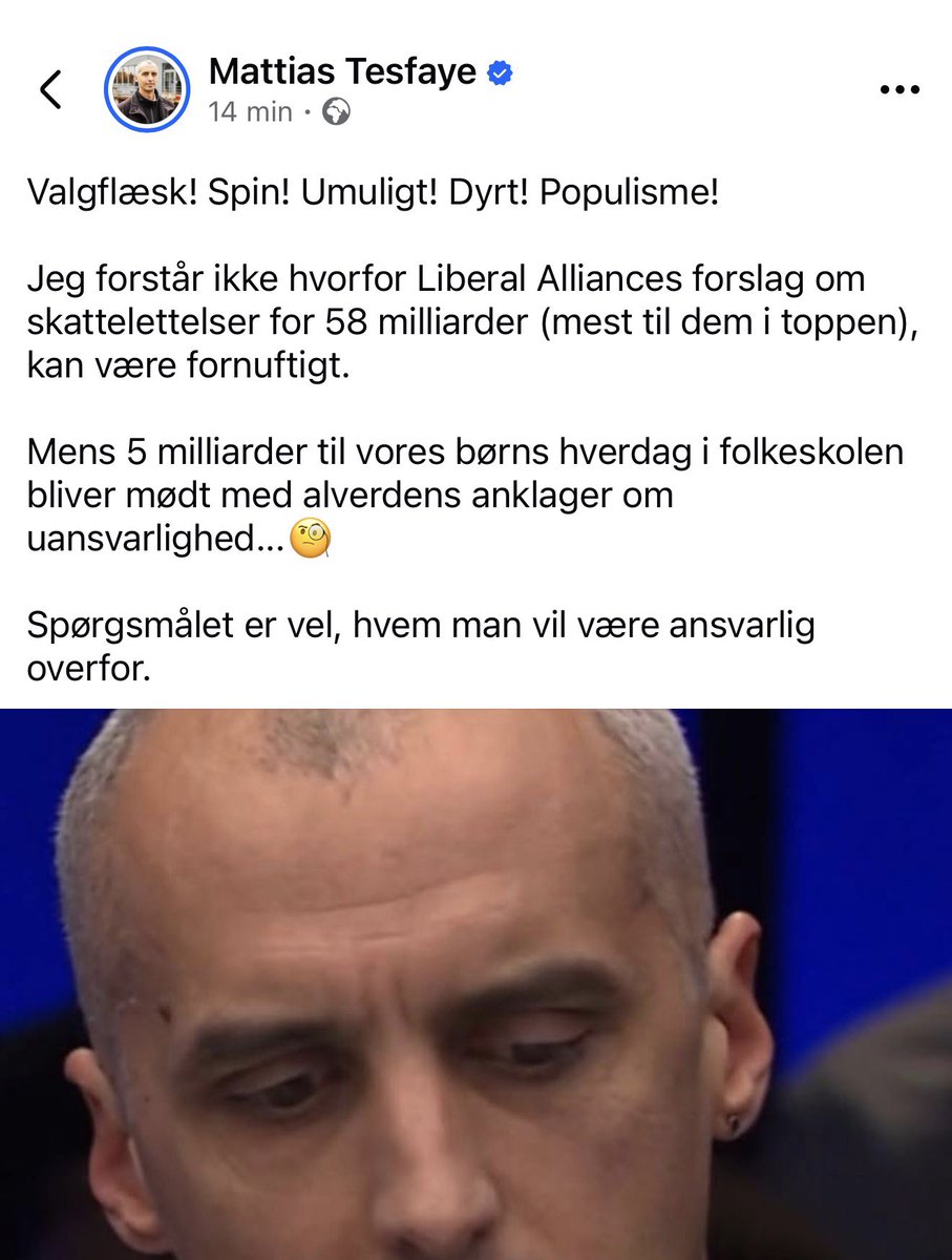 ✅ Der findes IKKE 4.000 nye lærere. 20 % af al undervisning i folkeskolen bliver allerede dækket af vikarer. Kom nu ind i virkeligheden, Mattias Tesfaye 

✅ 42 milliarder i skattelettelser går til at øge bundfradraget (frikortet) med 7.000 kroner for alle (øger arbejdsudbuddet