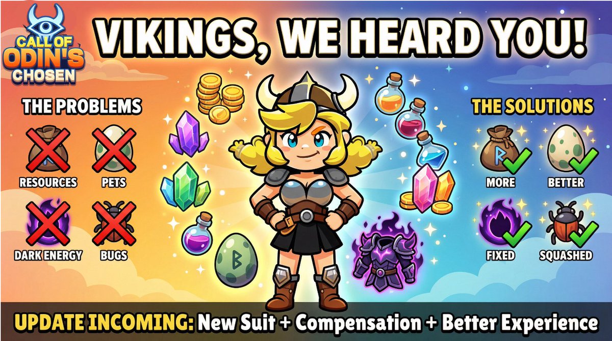 Hey Vikings!

While running our Wish Event, we didn't just collect dreams — we collected your pain points too.

Your 3.0 feedback:
Daily resources too low
Pet raising too grindy
Dark Energy stages too hard 
Lag &amp; button bugs
All fixed in next week's update:
Resource Upgrade
Pet