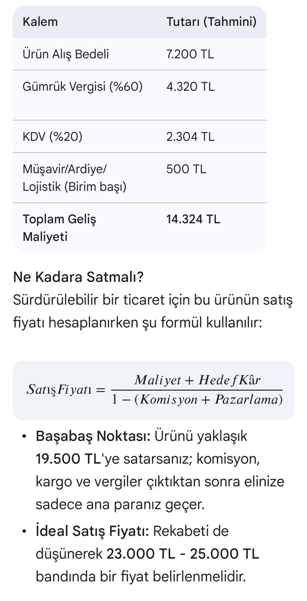 milyonerbarney's tweet photo. @Hz_gObU @kfbzkrt @HRNCN Dün benzer bir durumda AliExpress'te 7200₺ olan bir ürünün 20 bine nasıl satılabildiğini sormuştu birisi. Ben de basitçe gemini ile hesaplatma yaptırdım. Sonuç bu şekilde. Maalesef en temel sorun vergiler, sonrasında satıcılar komisyon vs konuşulabilir. https://t.co/kFDm9ZIFzb