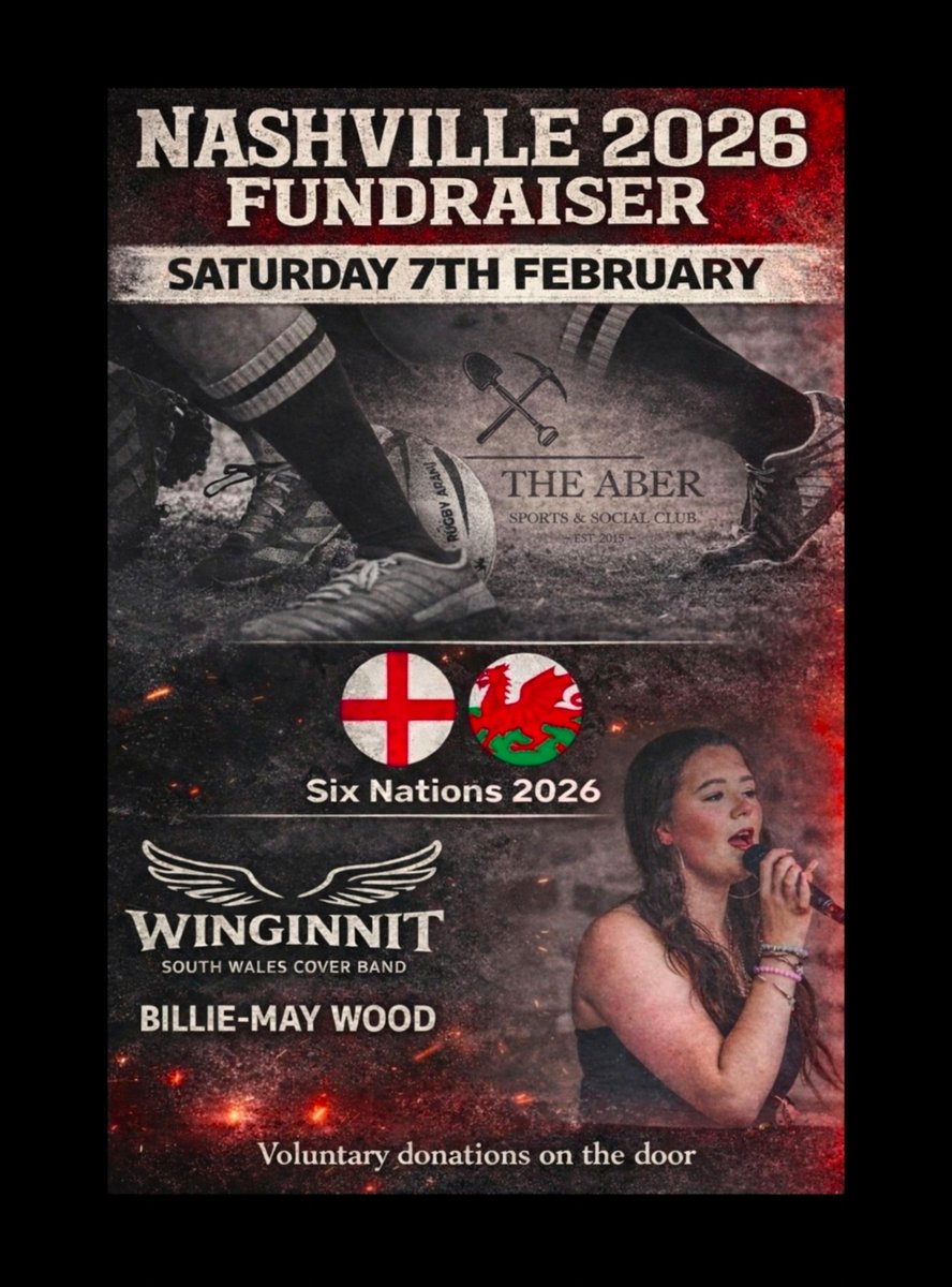 Open from 12 noon, live sport all day.
🏴󠁧󠁢󠁥󠁮󠁧󠁿 v 🏴󠁧󠁢󠁷󠁬󠁳󠁿 guess the score sweep cash prize
FREE half time refreshments.

Live music from Winginnit South Wales

Voluntary donations to support Billie-May Wood journey to Nashville. 

#supportyourlocal #TAH #Carling