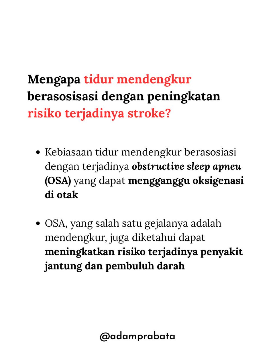 Gua baru tahu ternyata tidur ngorok ternyata bisa berbahaya bagi kesehatan

Awalnya gue pikir ngorok itu cuma soal suara. Ternyata, bisa ada hubungannya sama risiko stroke.

Ini berasal dari penelitian besar internasional.
Sebuah studi dari jurnal Neurology (INTERSTROKE study)
