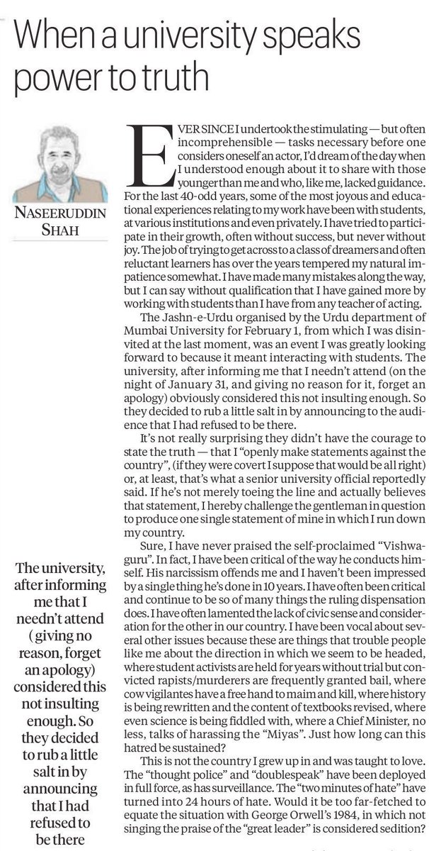 This is the op-ed for which <a href="/TimesNow/">TIMES NOW</a> hounded and harassed #NaseeruddinShah &amp; then ran it with sensationalist tickers as if it were breaking news. The channel one of whose editors proclaimed weepily that every morning she got her brief from then minister #ArunJaitley .. Absolute