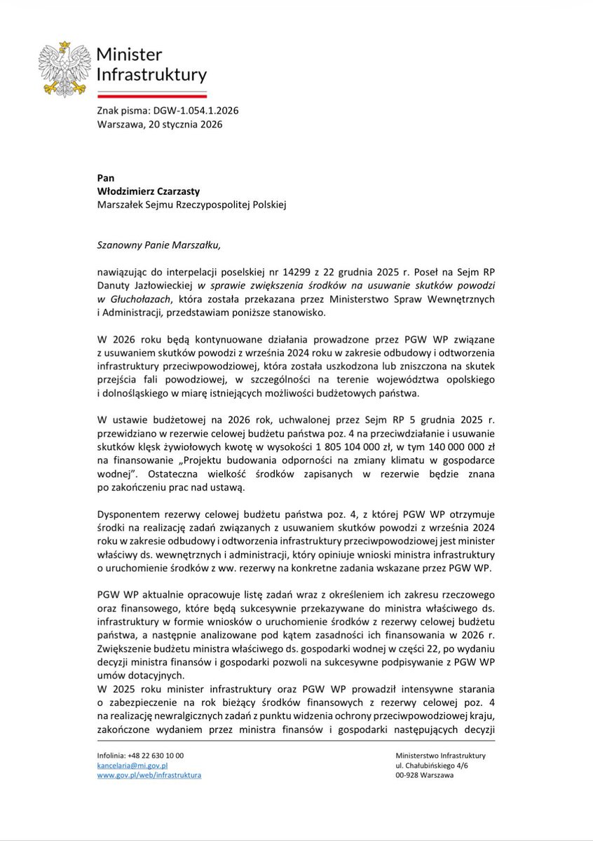 🌊 Głuchołazy po powodzi – jakie są dalsze działania?

Złożyłam interpelację w sprawie zwiększenia środków na usuwanie skutków powodzi w Głuchołazach. Otrzymałam odpowiedź Ministerstwa Infrastruktury, która potwierdza, że prace będą kontynuowane także w 2026 roku.

📌
