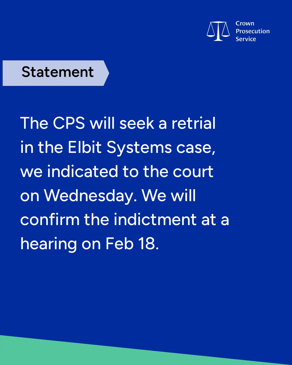 CPSUK's tweet image. A CPS spokesperson said: “Prosecutors are now considering the precise basis on which that retrial would proceed, including the form of the indictment, in accordance with CPS legal guidance."