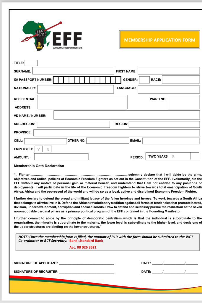 Good Morning Dr <a href="/MbuyiseniNdlozi/">Mbuyiseni Ndlozi</a> 

Kindly fill-in and Complete the membership form below. thank you.

Kind regards.
Fighters.