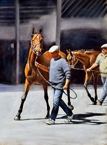 Pastel study of a horse pre race in the sunshine of Bordeaux.