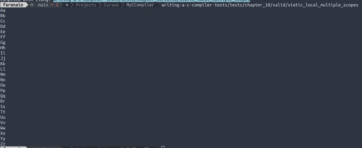 Farenain's tweet photo. Chapter 10 done in "Writing a C Compiler" (@nostarch). Implemented static and extern storage class specifiers with proper linkage resolution, scoped symbol tables, and static local variable renaming. Maybe the hardest part...
#compiler #C #programming #compilerdesign https://t.co/Lm0ykkD6tQ