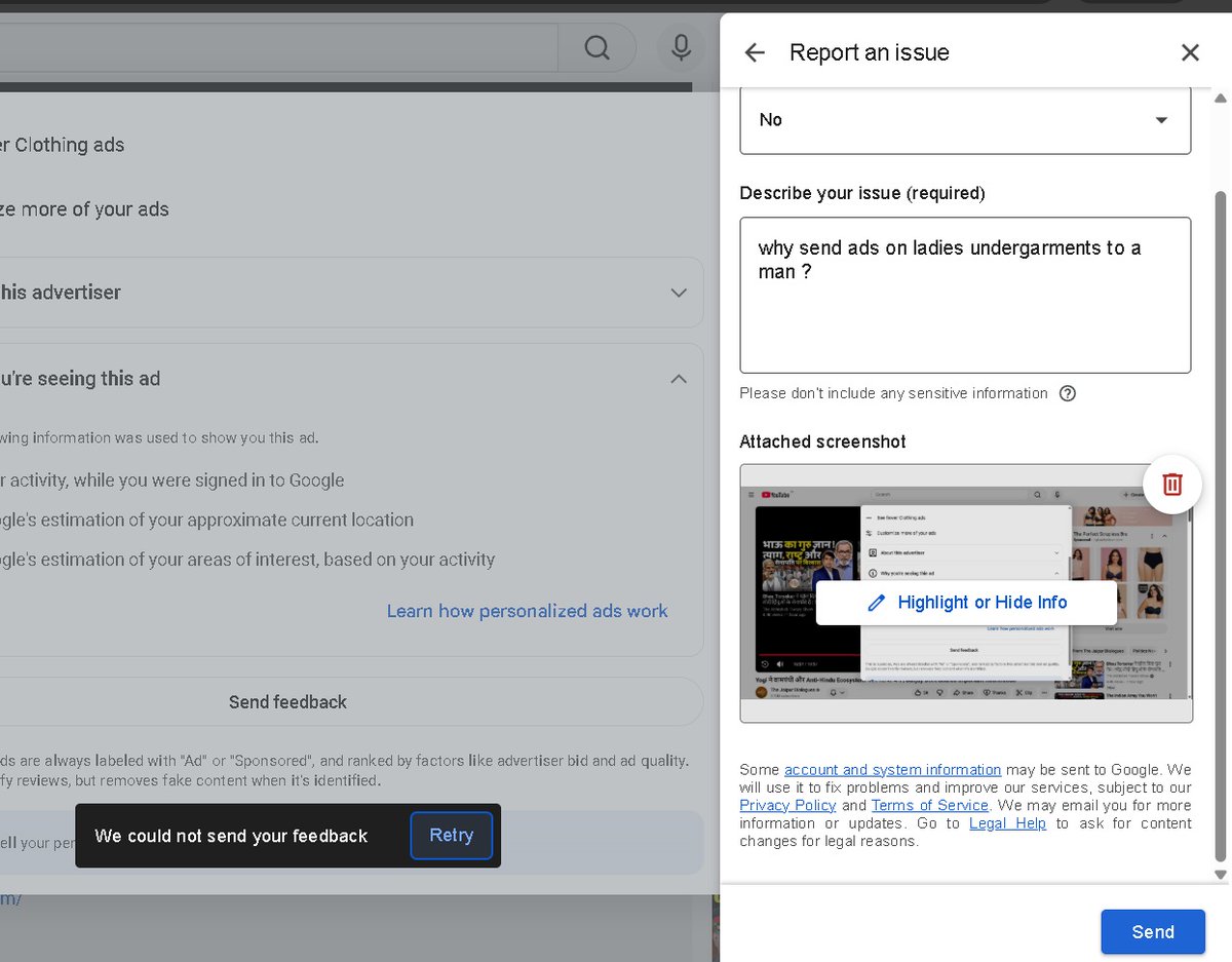 deb98667's tweet photo. @GoogleIndia  @Google @googlechrome  @YouTubeIndia @YouTube @GoogleAds  #FunFact #lol 
@sundarpichai 

Why on earth send a man ads about ladies undergarments ? all i did was browse polo neck t-shirts !!

And your reporting tool has gone nuts too !! https://t.co/Bmw2sDUHcF