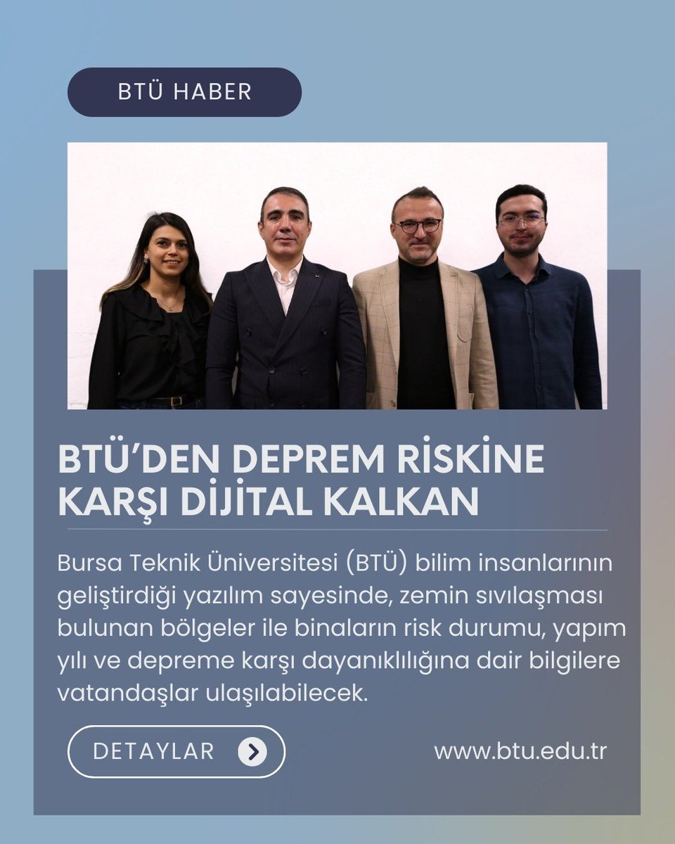 BursaTeknikUni's tweet photo. Bursa Teknik Üniversitesi (BTÜ) bilim insanlarının geliştirdiği yazılım sayesinde, zemin sıvılaşması bulunan bölgeler ile binaların risk durumu, yapım yılı ve depreme karşı dayanıklılığına dair bilgilere ulaşılabilecek.
🔗 https://t.co/vfxtg3r5il https://t.co/NFk344GRAn