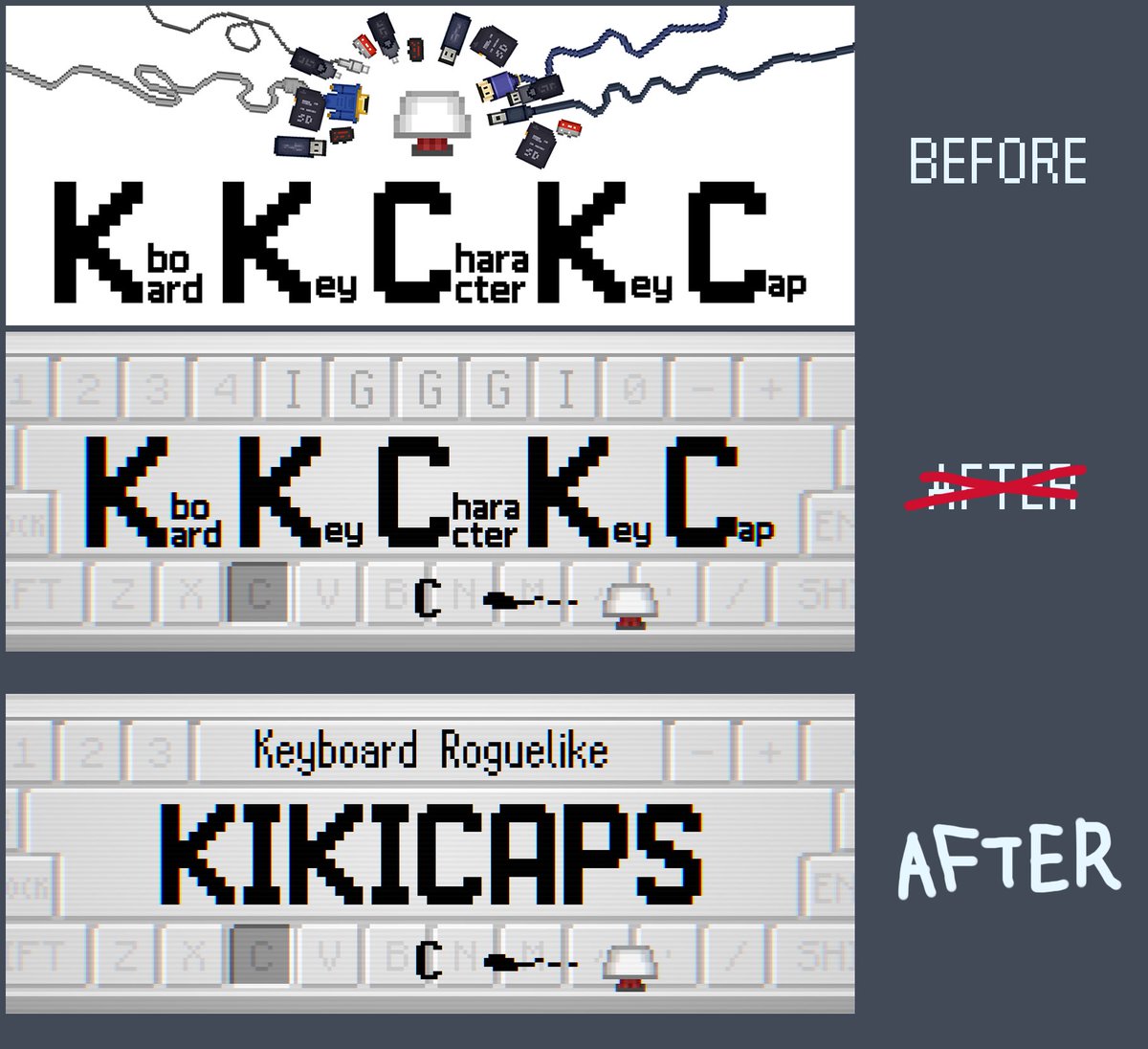 igegegaeim's tweet photo. I'm thinking of changing the English title of my game!
[ KKCKC ] -> [ KIKICAPS ]
I finally realized the old one was... a bit of a mess.

What do you think of the new one? Does it feel better?
#gamedev #indiedev https://t.co/XbUeRRXsvH