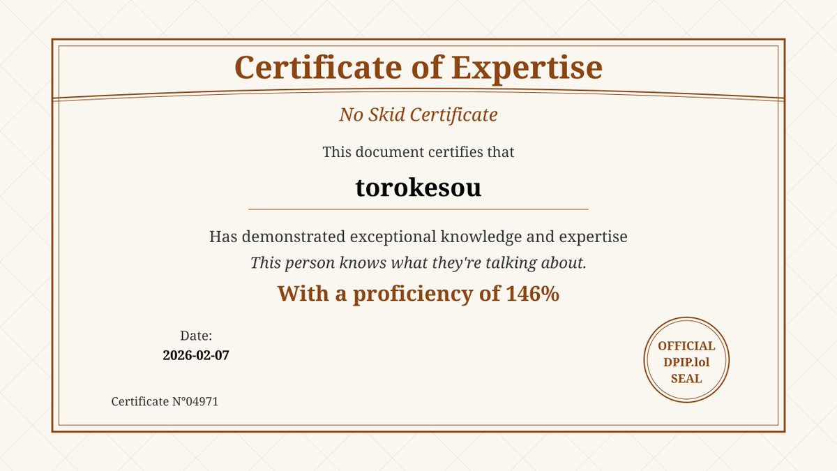torokesou1's tweet photo. まさか普通に全問正解できるとは思わなかった。
I just got 100% on the NoSkid certification quiz! 

Prove you're not a skid at https://t.co/VDdjniW5Lc https://t.co/5RWo4HkP4V