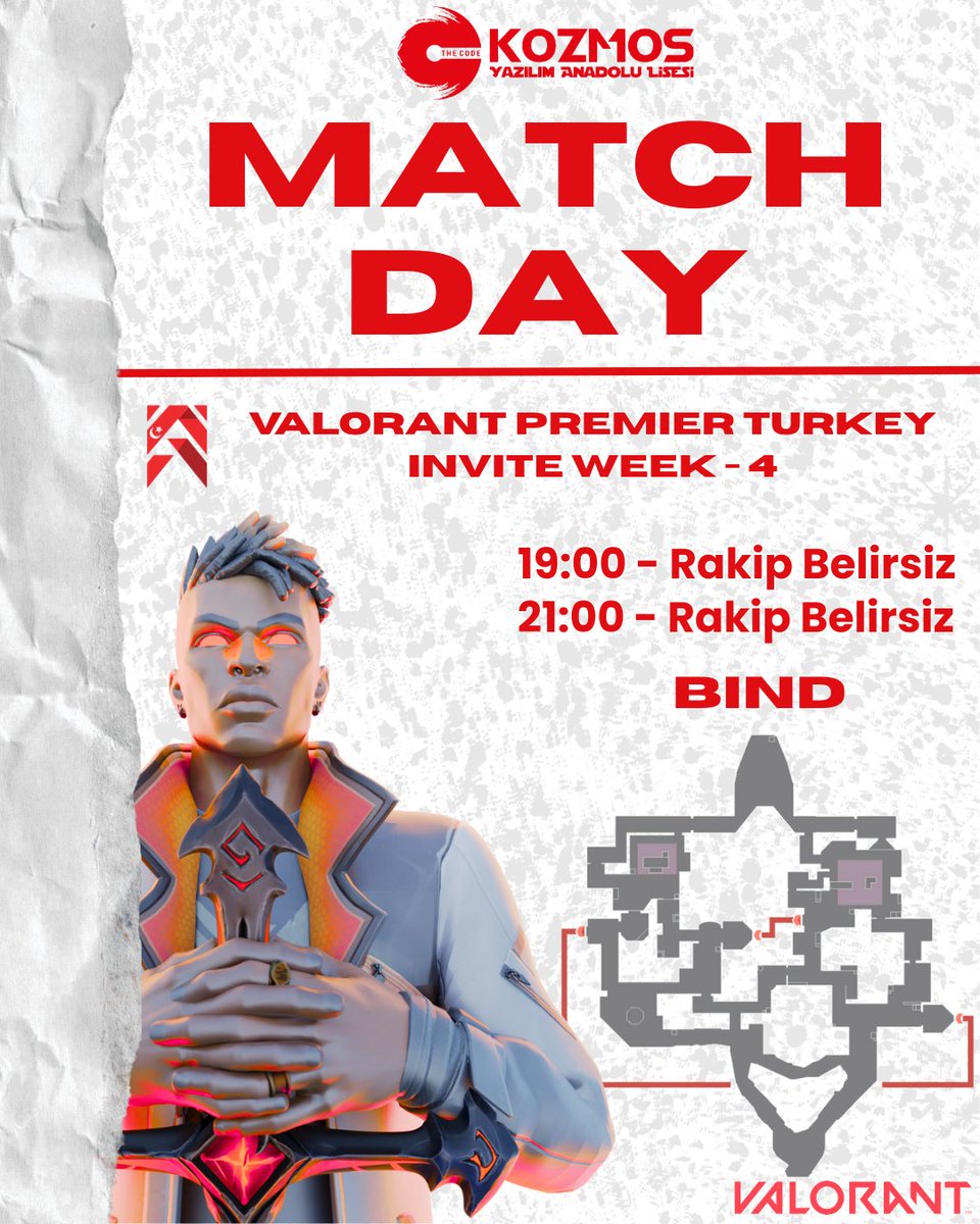 🇹🇷 VALORANT Premier Türkiye Invite 4.Hafta müsabakalarına çıkıyoruz.    

🆚 Rakiplerimiz belirsizdir.  
⏰ 19.00
⏰ 21.00  
📺 Yayın bulunmamaktadır.  

💪Başarılar TAKIM!
#kozmosesports #kozmoslisesi #letsgokozmos #kze