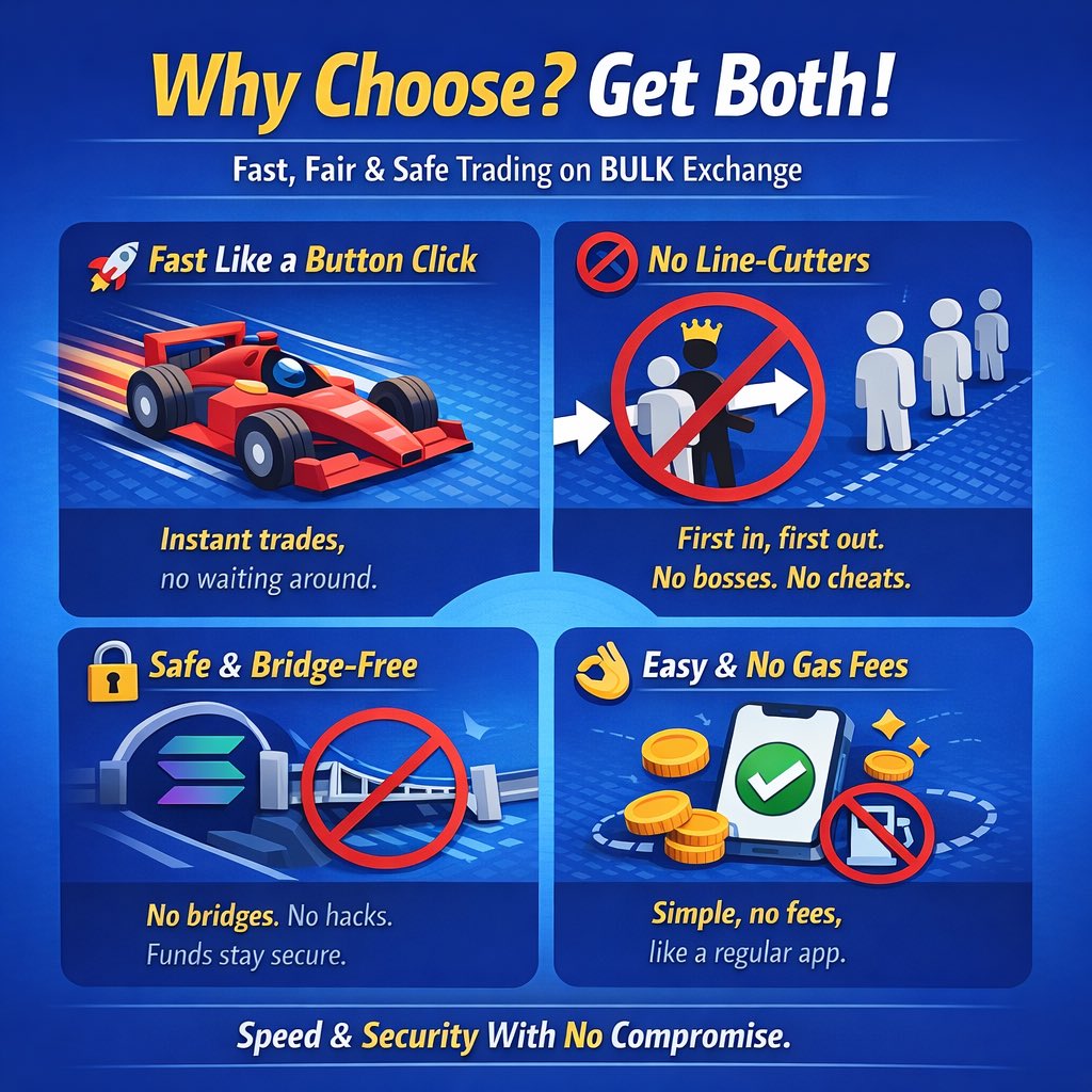 Happy Weekend CT 🫶

What if trading didn’t make you choose between fast and fair?

Most trading today feels like this:
You can use a super-fast shop where someone else makes the rules…
or a super-safe shop that takes forever to do anything.

<a href="/bulktrade/">BULK</a> says: why not both?