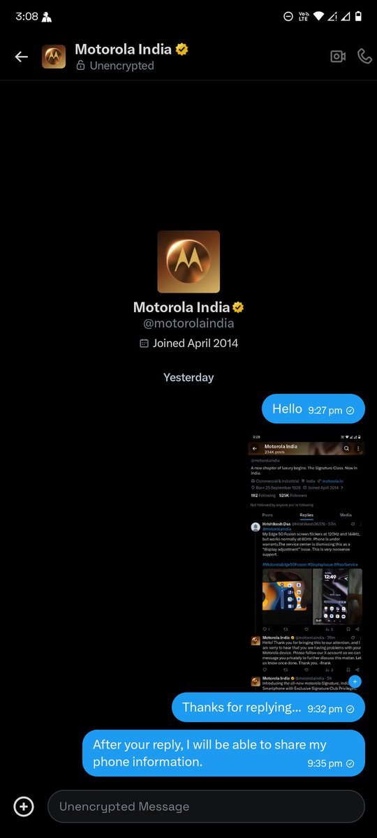 Hrishikesh36376's tweet image. Still no reply in DMs, @motorolaindia. My Edge 50 Fusion has severe display flickering at 120Hz/144Hz. This is a hardware defect, not an "adjustment." Resolve this immediately!
#MotorolaEdge50Fusion #DisplayIssue #PoorService #ConsumerRights
@motorolaindia @Moto