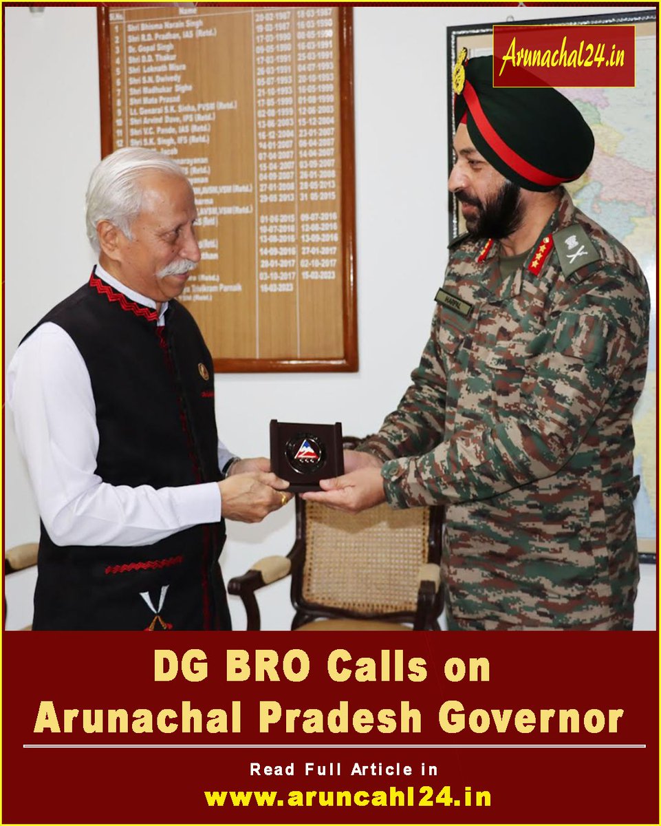 Arunachal24in's tweet image. DG BRO meets Arunachal Pradesh Governor; discussions held on border road projects, Frontier Highway and the role of connectivity in border development.  @BROindia 

Read More- arunachal24.in/dg-bro-calls-o…

#BorderRoads #Arunachal #BRO #Infrastructure #VibrantVillage