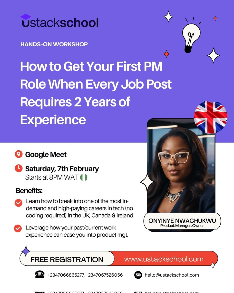 ustackschool's tweet photo. Every PM job says “2+ years experience”
But how do you get started? 🤔

Join Ustackschool LIVE:
🎯 How to Get Your First PM Role
🎤 Onyinye Nwachukwu
🕗 8PM WAT

🔗 Register: https://t.co/8Nf4UhUFKE

#ProductManagement #PMTwitter #TechCareers #BreakingIntoPM #Ustackschool https://t.co/64miuGk4PF