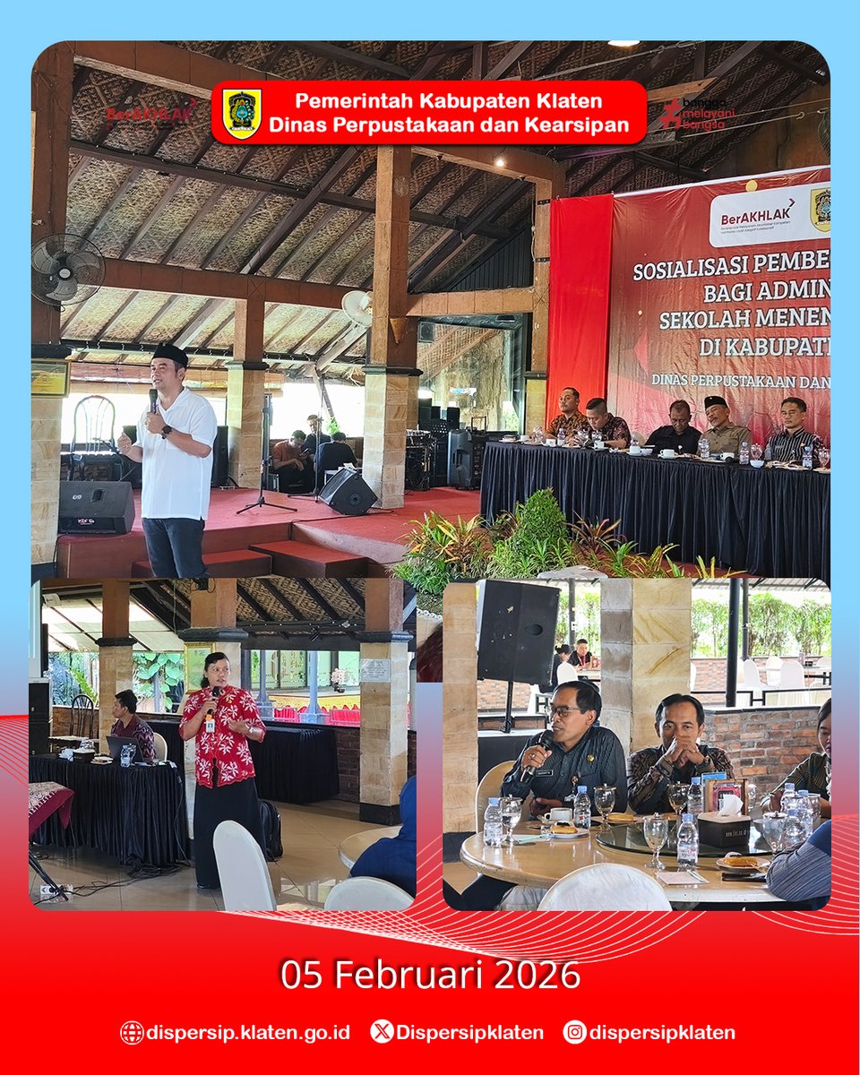 Menuju pengelolaan arsip sekolah yang tertib &amp; digital.
Dispersip Klaten bersama Komisi IV DPRD Klaten melaksanakan Sosialisasi Pemberkasan Arsip SRIKANDI bagi admin SMP se-Kab. Klaten, 5 Februari 2026.